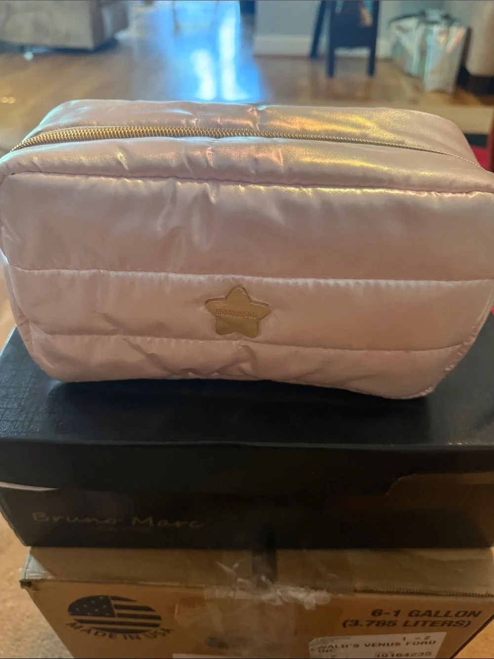 Quilted Light Pink Cosmetic Pouch with Star Accent